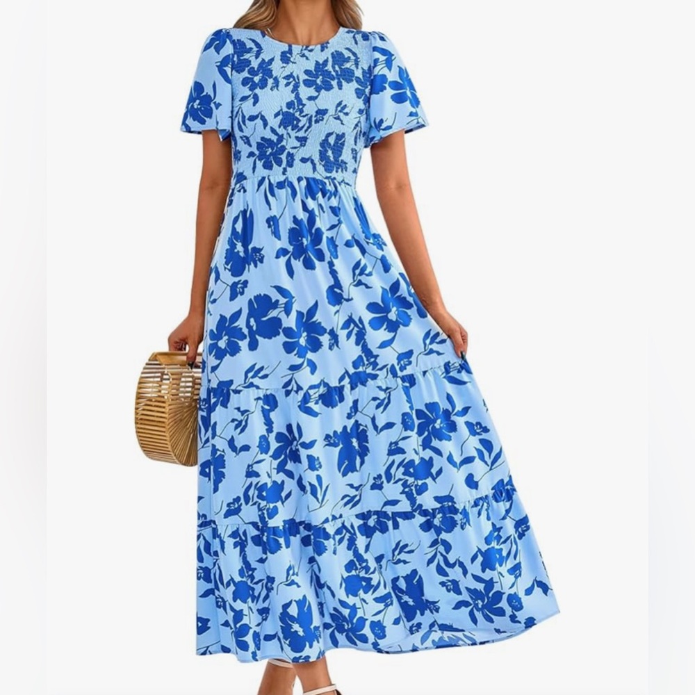 Women's Casual Flutter Short Sleeve Boho Floral Maxi Dress Smocked Tiered
